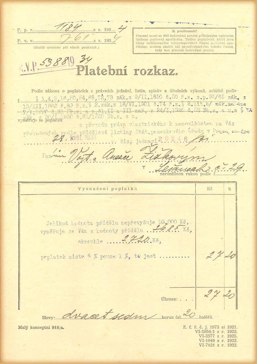 Platební rozkaz - 21.srpna 1934.a